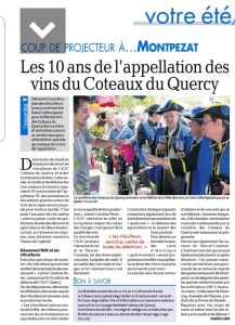 Article Les 10 ans appellation vins coteaux du Quercy avec la Confrérie à Montpezat de Quercy