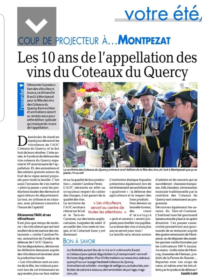 Article Les 10 ans appellation vins coteaux du Quercy avec la Confrérie à Montpezat de Quercy
