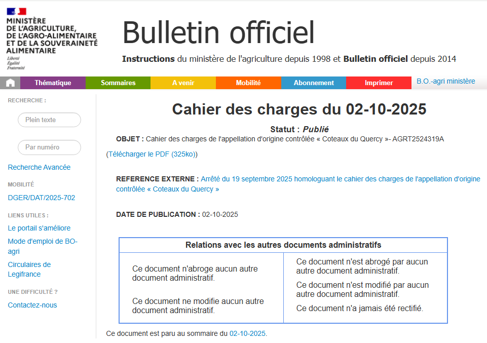 bulletin officiel publication du cahier des charges AOC Coteaux du Quercy